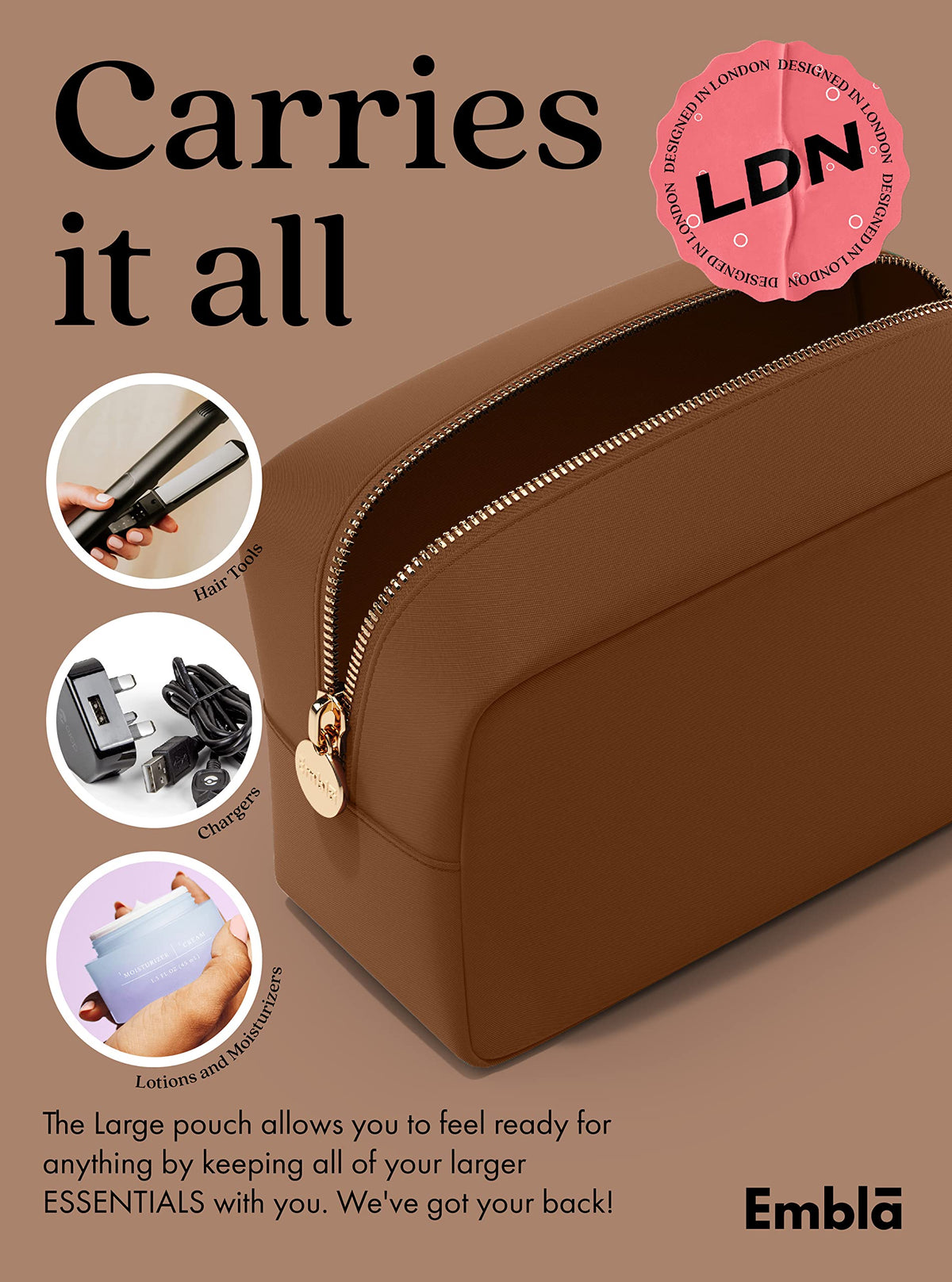 Embla Large Makeup Bag with skincare products inside
