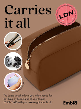 Embla Large Makeup Bag with skincare products inside