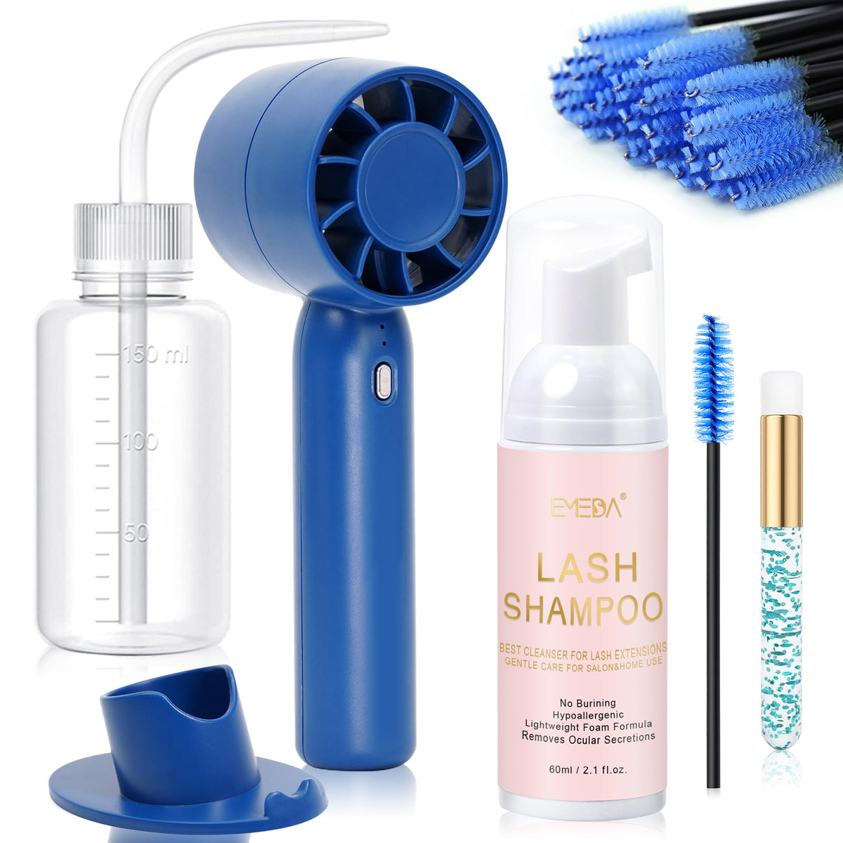 EMEDA Lash Shampoo Kit with mini fan and accessories front view