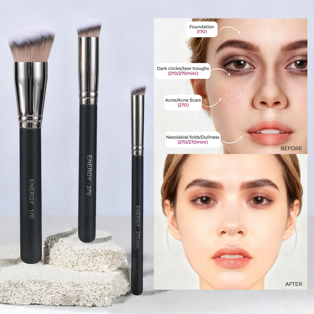 ENERGY Makeup Brush Set with brushes laid out