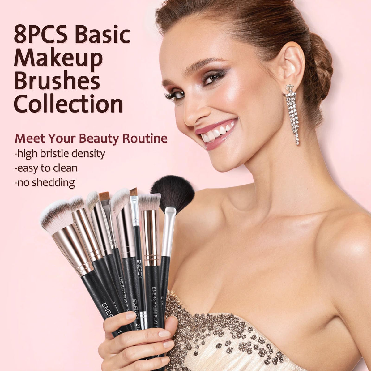 ENERGY makeup brushes on a vanity with makeup products