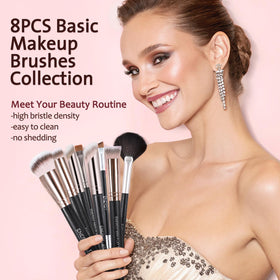 ENERGY makeup brushes on a vanity with makeup products