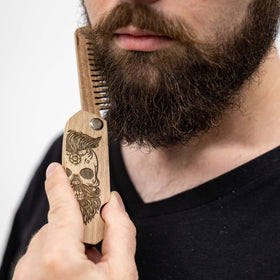 Enjoy The Wood Beard Comb in a grooming setup with other products