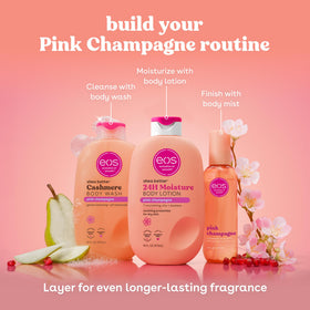 eos Cashmere Body Mist Pink Champagne bottle on vanity