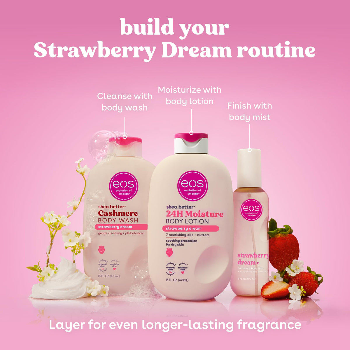 eos Cashmere Body Mist Strawberry Dream on a vanity with flowers