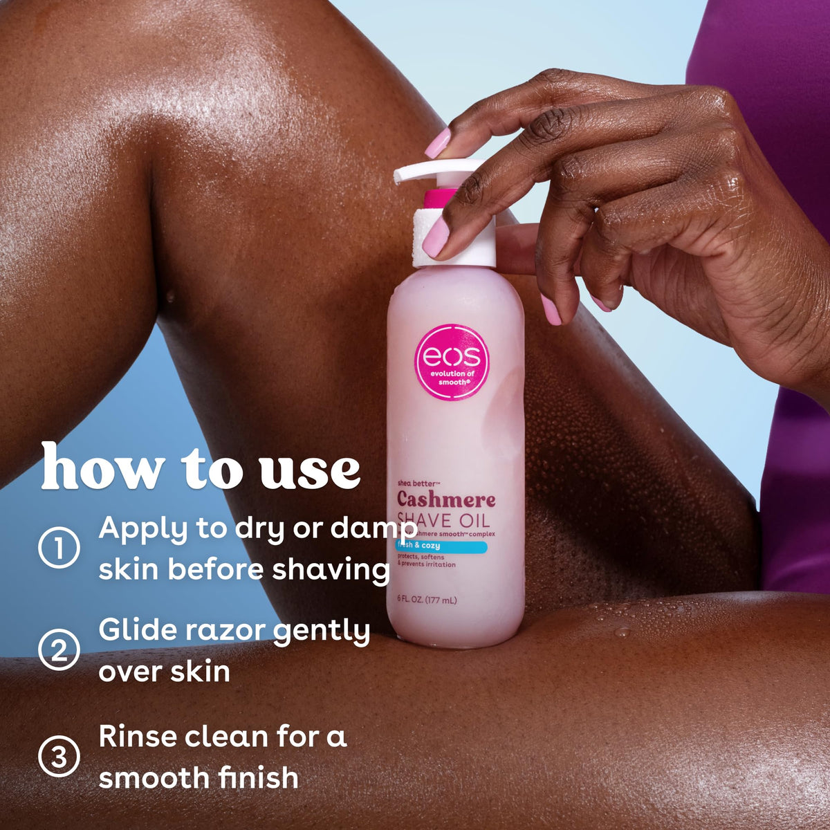 eos Cashmere Shave Oil bottle with shea butter ingredients