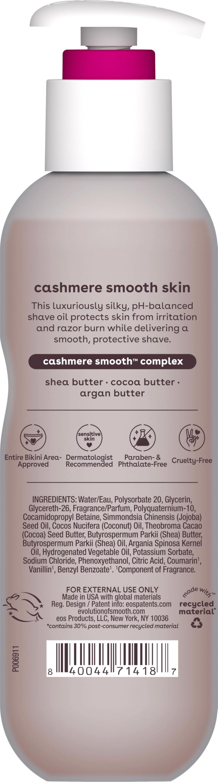 eos Cashmere Shave Oil Coconut Waters application on skin