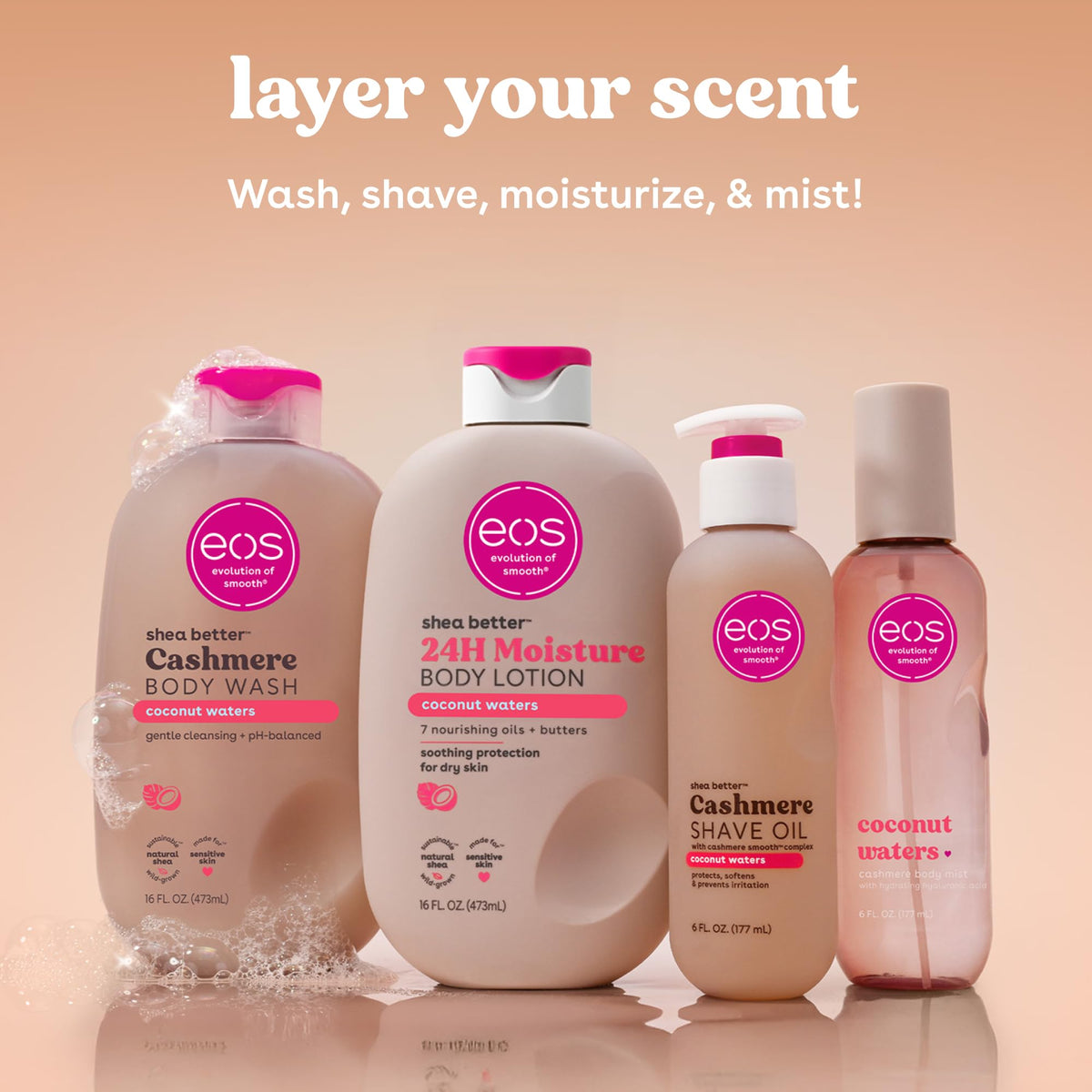 eos Cashmere Shave Oil Coconut Waters with tropical background