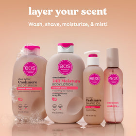 eos Cashmere Shave Oil Coconut Waters with tropical background
