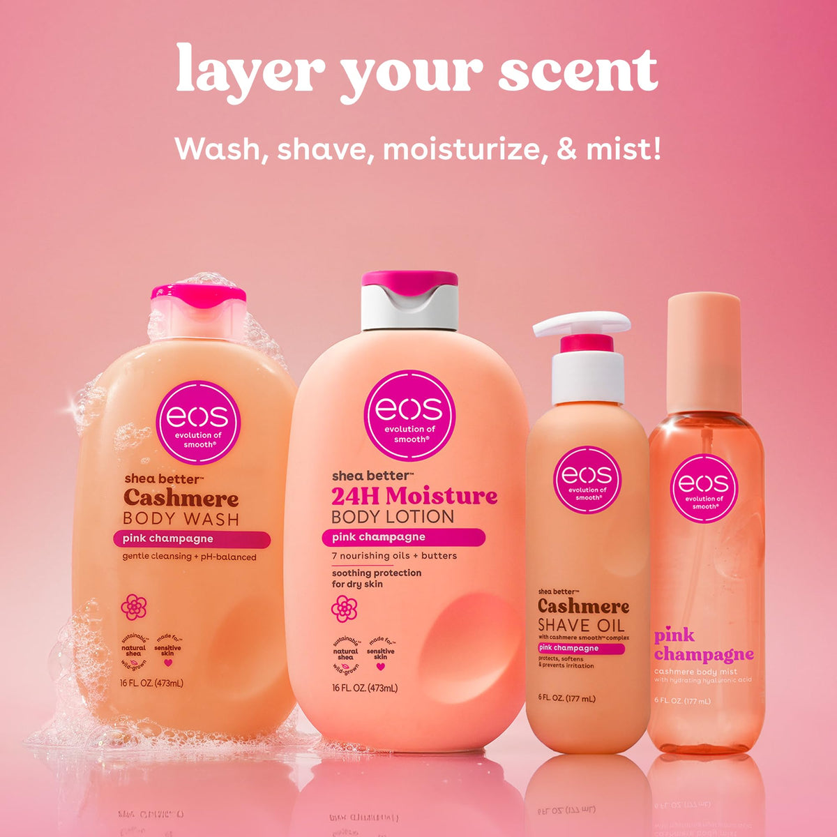 eos Cashmere Shave Oil Pink Champagne with shea butter and cocoa butter