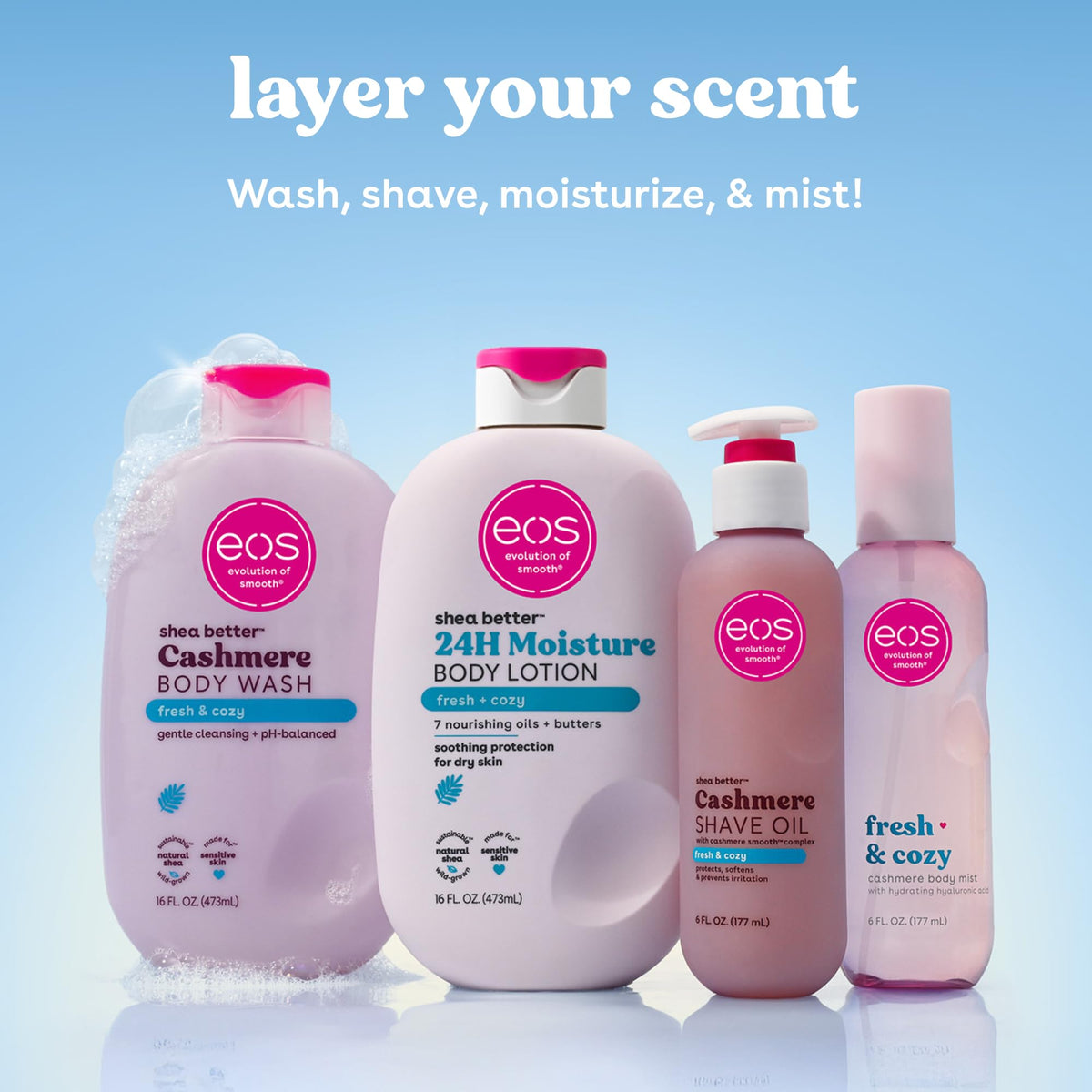 eos Cashmere Shave Oil with body care products