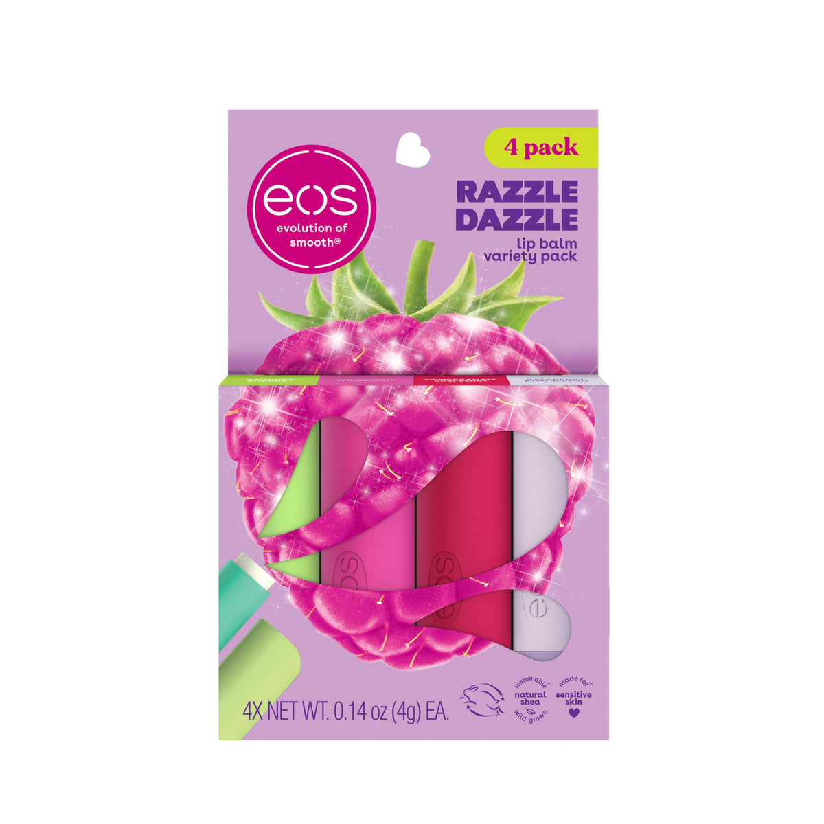 eos Lip Balm Gift Set 4-Pack featuring Rainbow Sherbet, Wildberry, Pomegranate Raspberry, and Raspberry Kiwi Splash