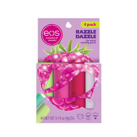 eos Lip Balm Gift Set 4-Pack featuring Rainbow Sherbet, Wildberry, Pomegranate Raspberry, and Raspberry Kiwi Splash