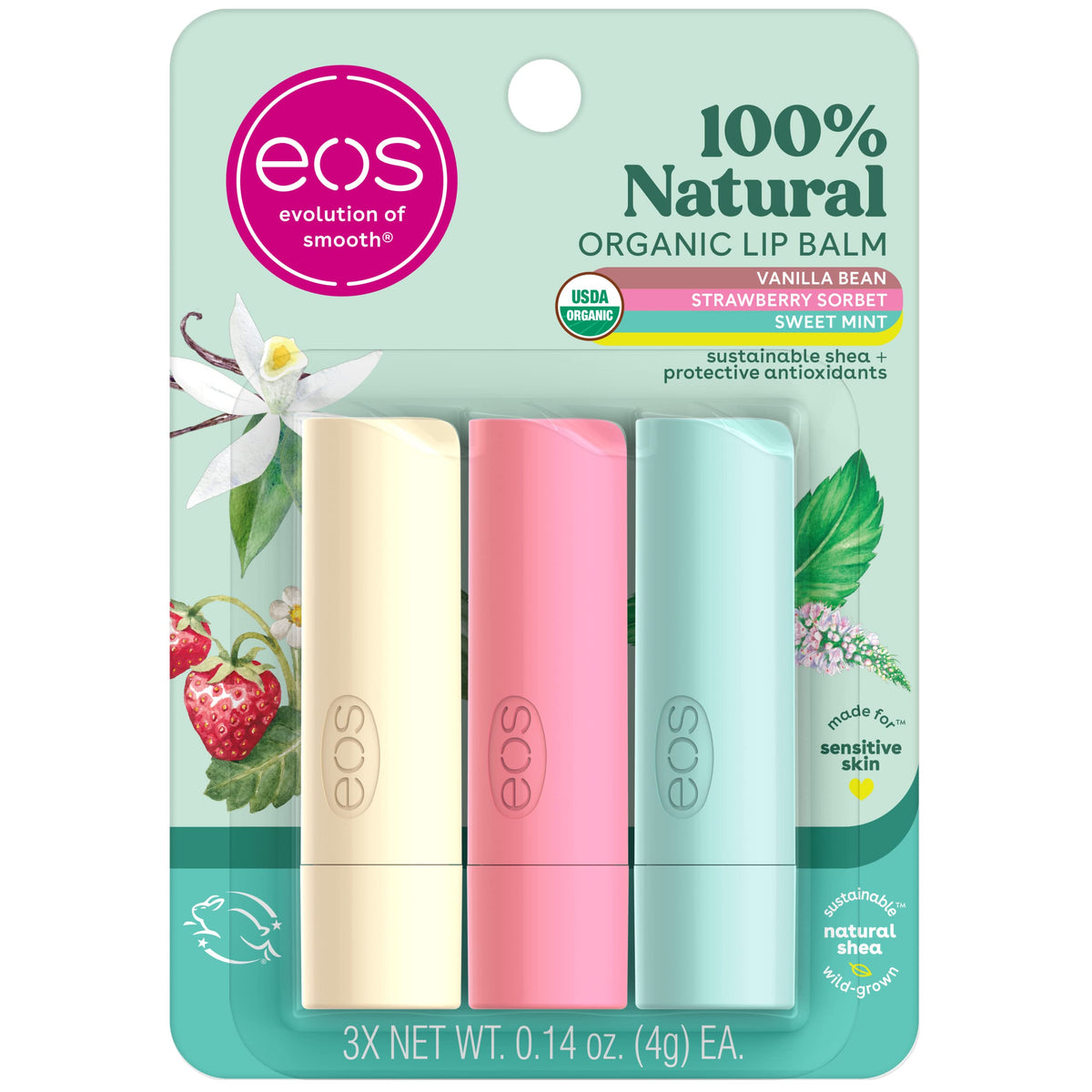 eos Lip Balm Trio packaging featuring Vanilla Bean, Sweet Mint, and Strawberry Sorbet