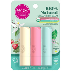 eos Lip Balm Trio packaging featuring Vanilla Bean, Sweet Mint, and Strawberry Sorbet