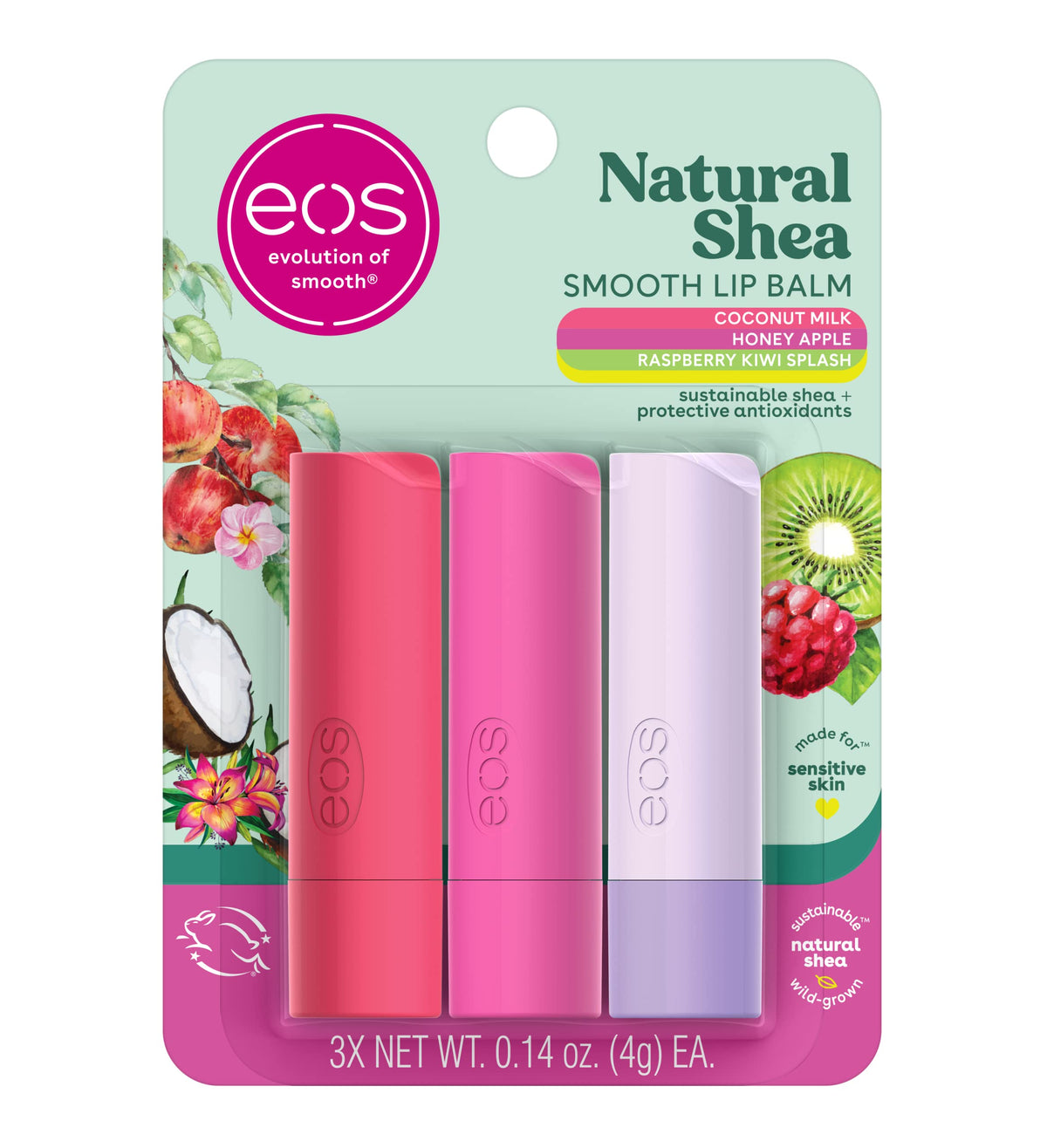 eos Natural Shea Lip Balm 3-Pack with Honey Apple, Coconut Milk, Raspberry Kiwi