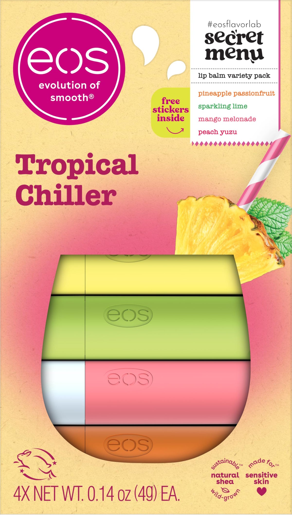eos Tropical Chiller Lip Balm Gift Set front view with four flavours
