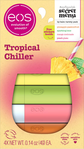 eos Tropical Chiller Lip Balm Gift Set front view with four flavours