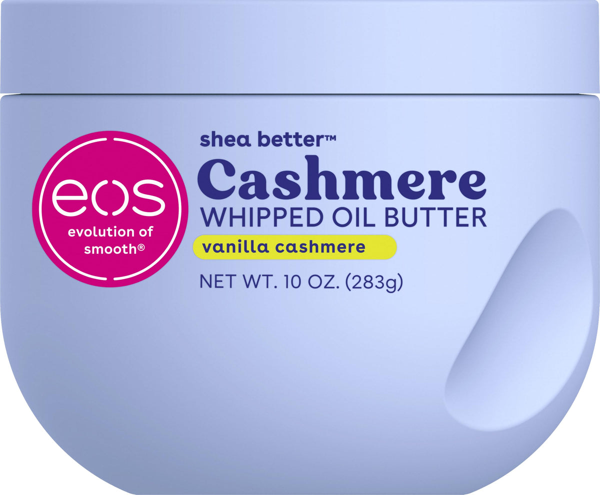eos Vanilla Cashmere Whipped Oil Body Butter front view with lid