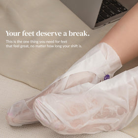 Epielle foot mask being applied with secure adhesive tabs
