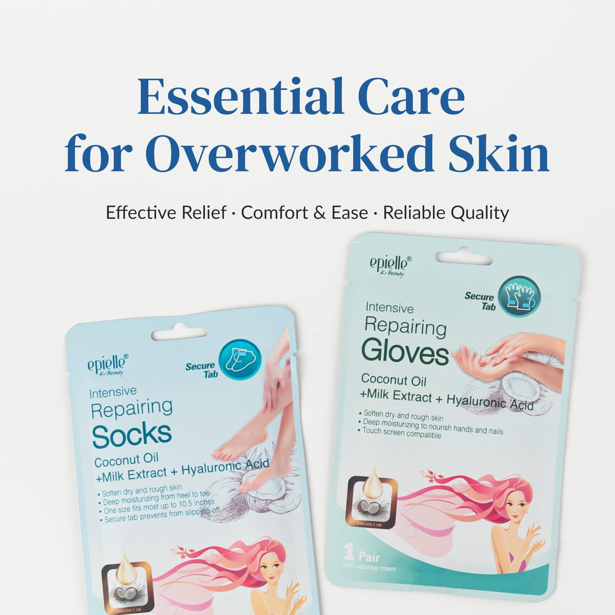 Epielle Intensive Repairing Hand & Foot Masks displayed with ingredients