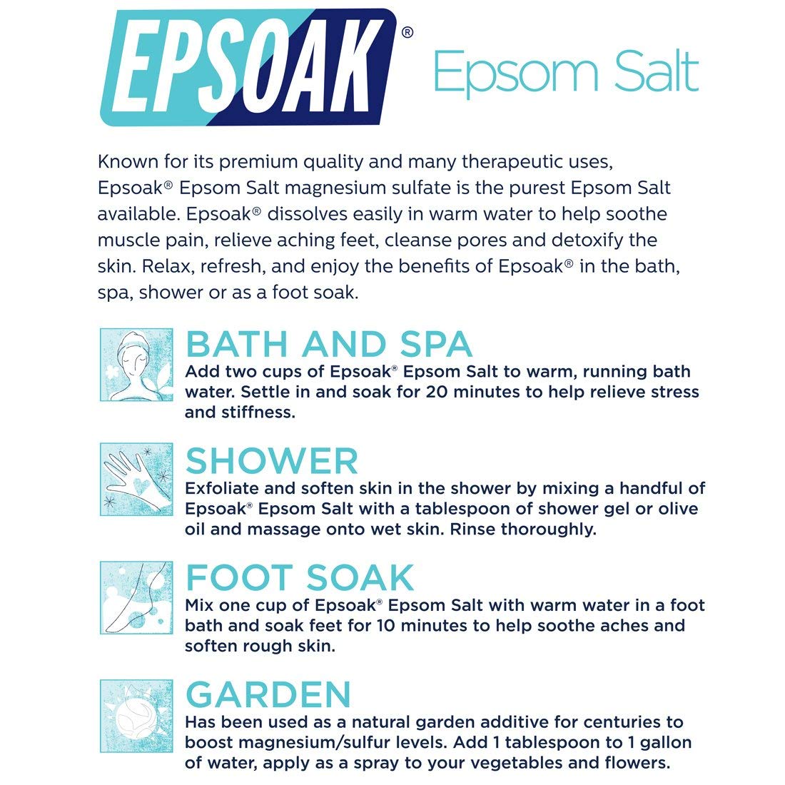 Epsoak Epsom Salt displayed with bath accessories
