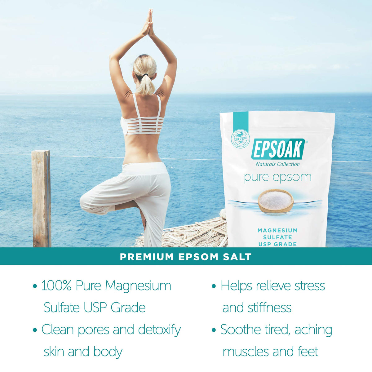 Epsoak Epsom Salt in a warm bath setting