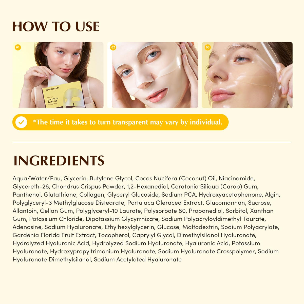 EQQUALBERRY Collagen Glow Up Mask on a bathroom counter
