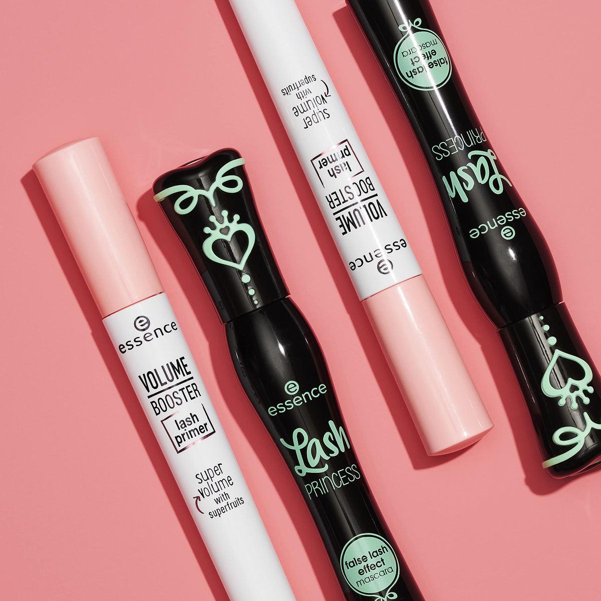Essence Volume support Lash Primer in a beauty setup