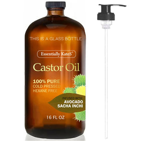 Essentially KateS Castor Oil 16 Fl Oz glass bottle with pump front view