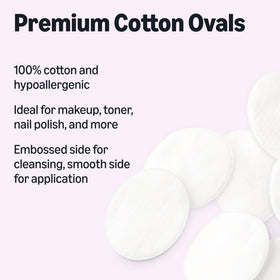 Essentials Oval Premium Cotton Pads displayed with beauty products