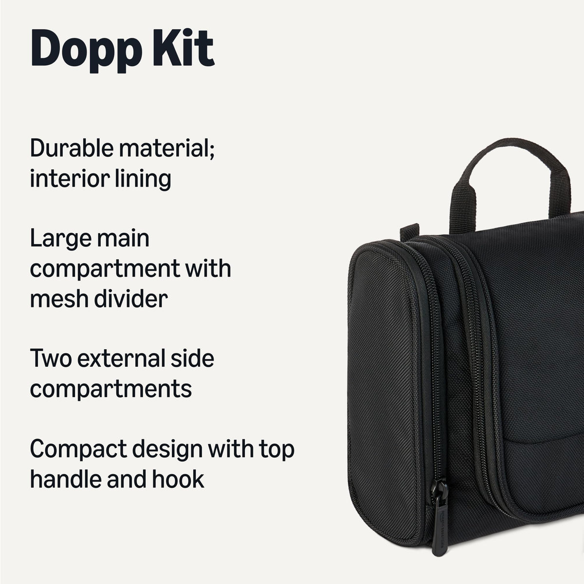 Essentials toiletry bag showing multiple compartments and mesh divider