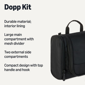 Essentials toiletry bag showing multiple compartments and mesh divider