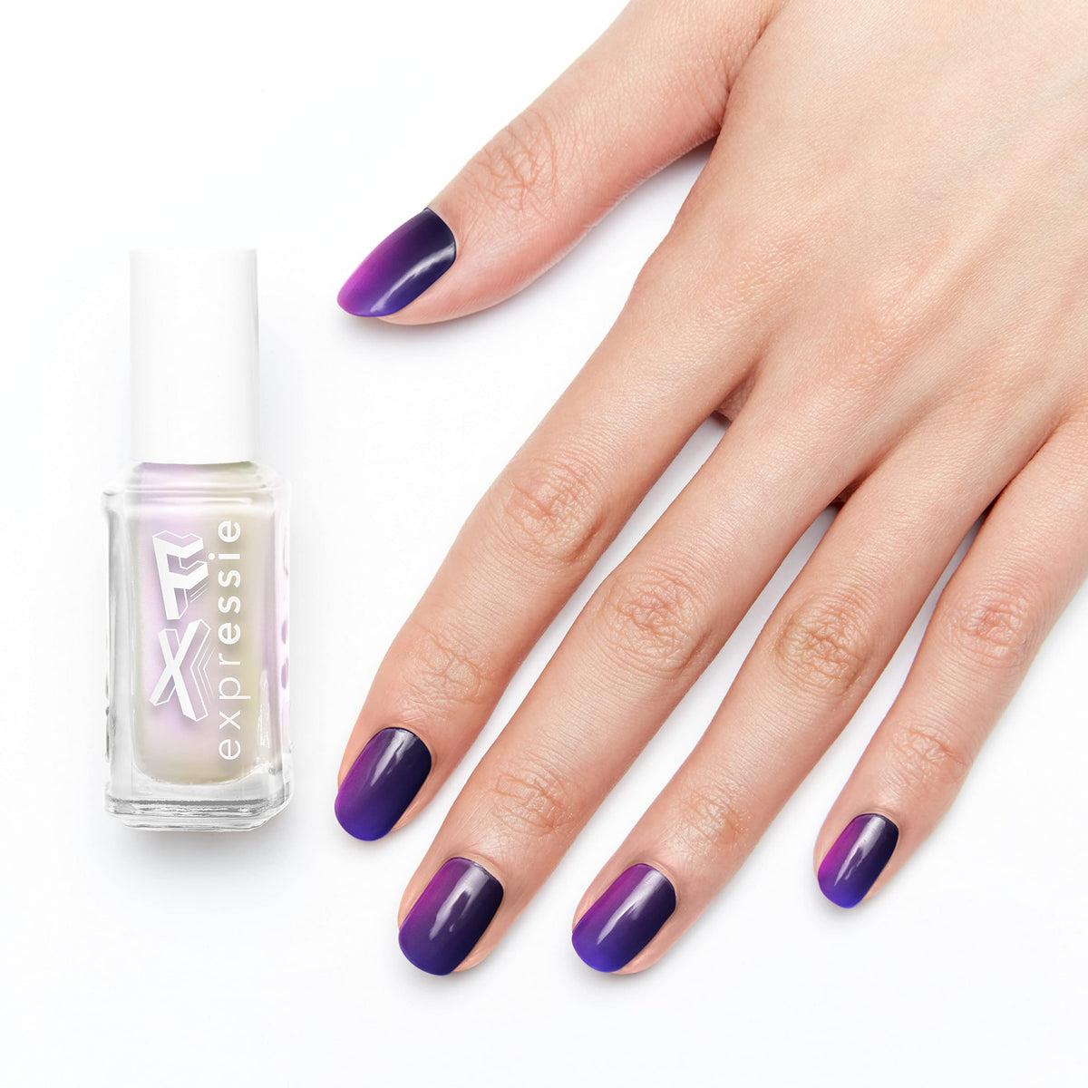 essie Expressie Quick Dry Nail Polish Iced Out Fx Filter on a manicure table