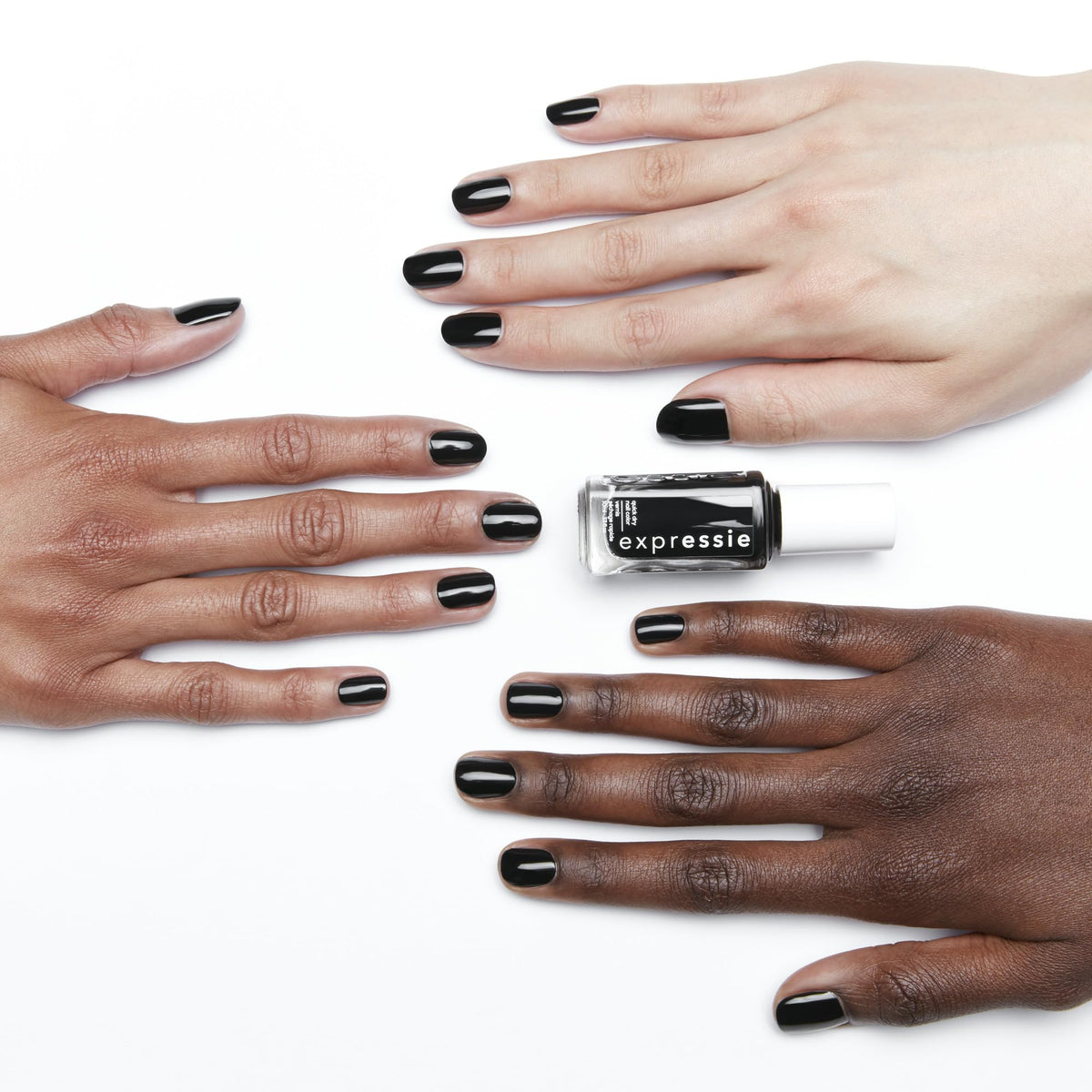 essie Quick-Dry Vegan Nail Polish Black 380 Now Or Never bottle with cap
