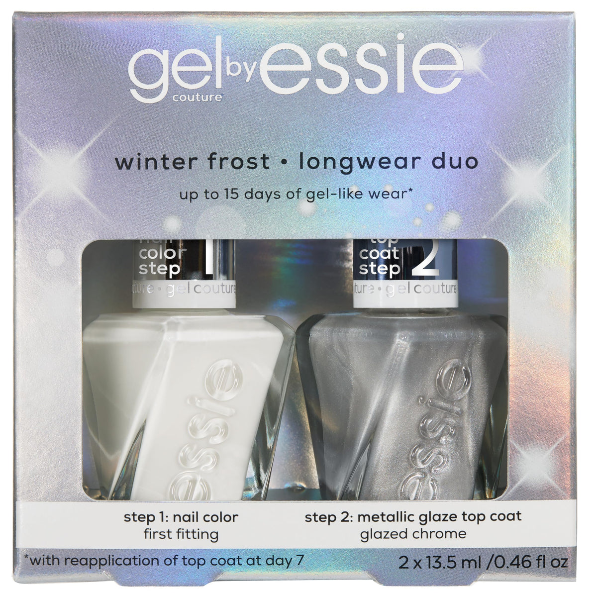 essie Winter Frost Nail Polish Set front view with white and chrome shades