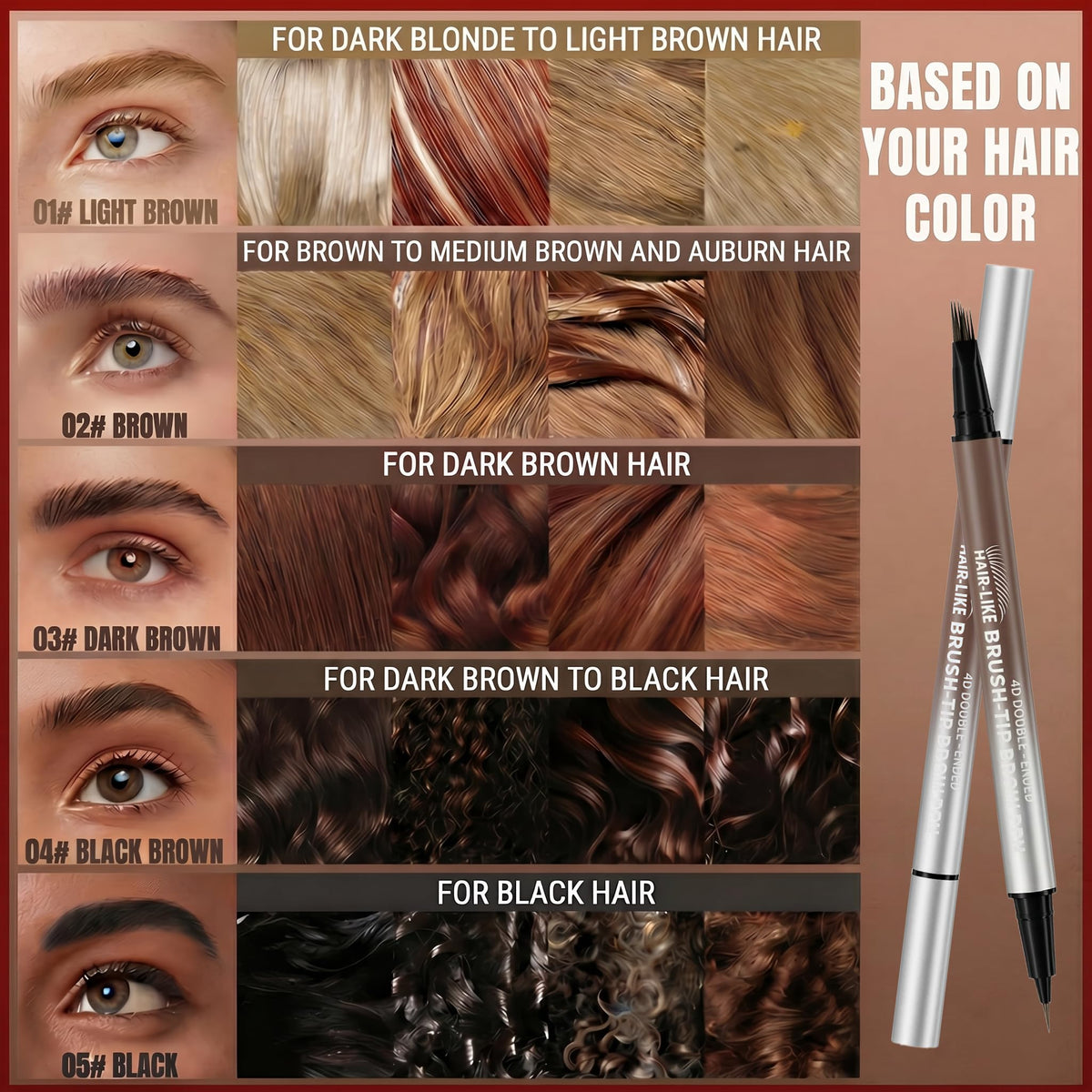 Essorall eyebrow pencil swatches on different skin tones