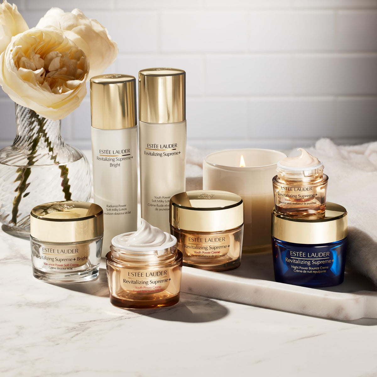 Estée Lauder Revitalizing + Youth Power Cream on a bathroom counter