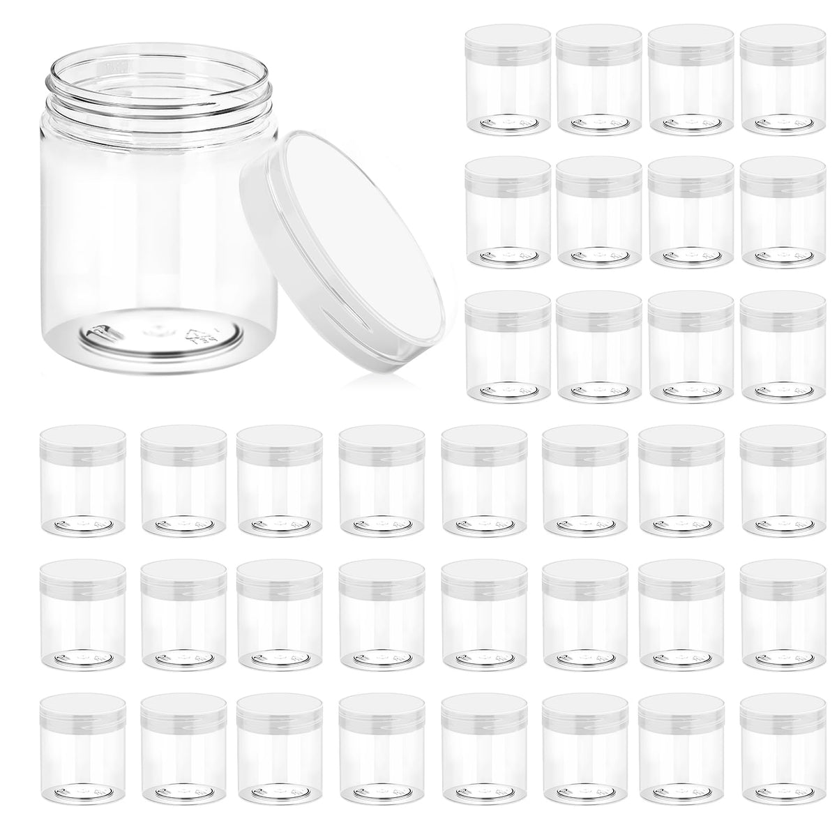 Eternal Moment 36 pack of clear plastic jars with lids, front view