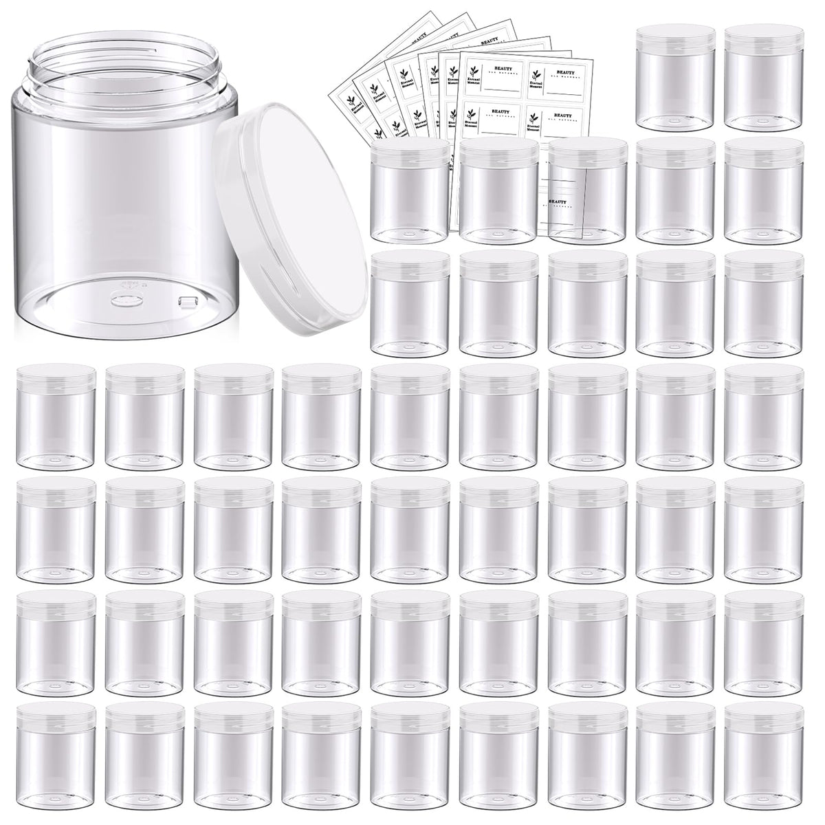 Eternal Moment 48 pack 8 oz plastic jars clear with lids front view