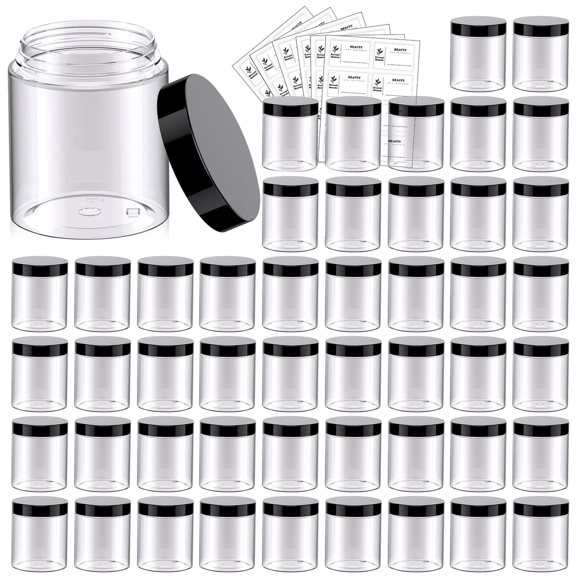 Eternal Moment 48 pack clear plastic jars with black lids