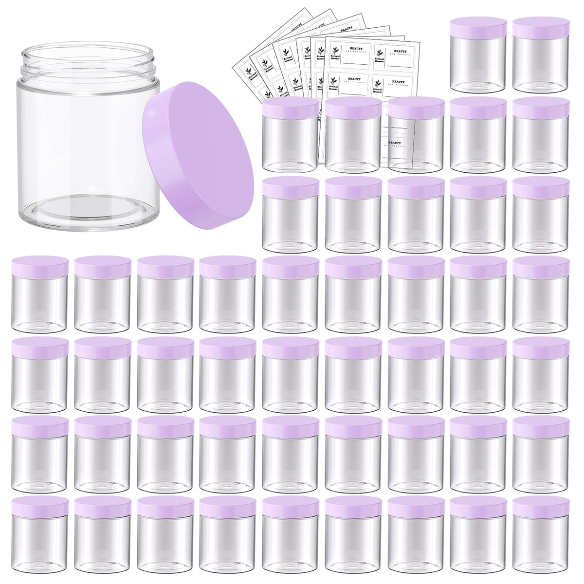 Eternal Moment 48 pack of 8 oz clear plastic jars with purple lids