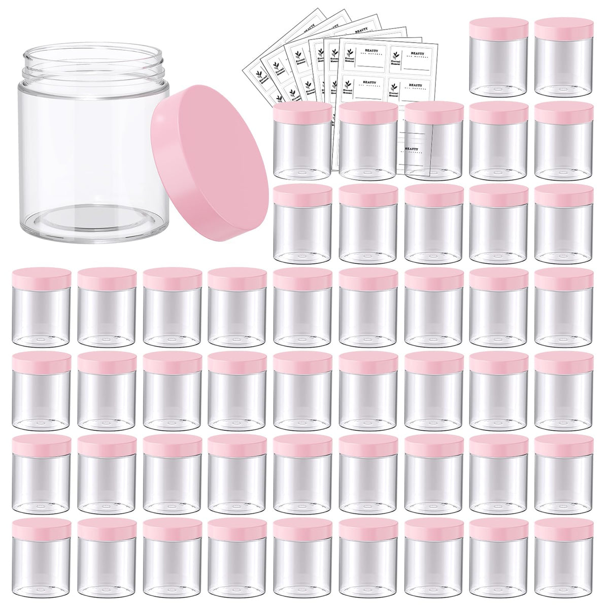 Eternal Moment 48 pack of clear 8 oz plastic jars with pink lids