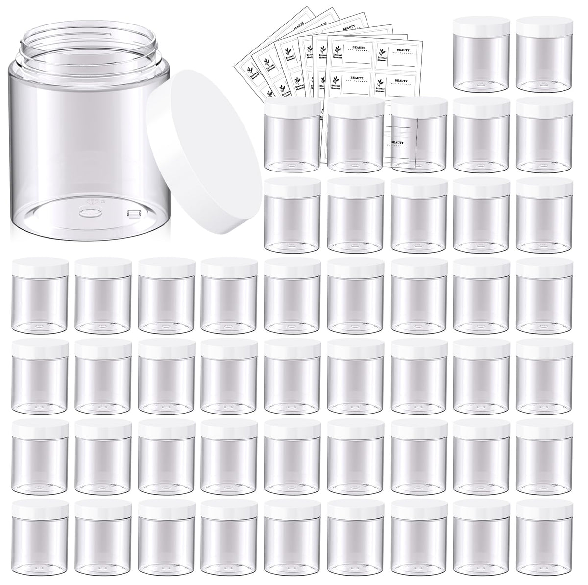 Eternal Moment 48 pack of clear 8oz plastic jars with white lids