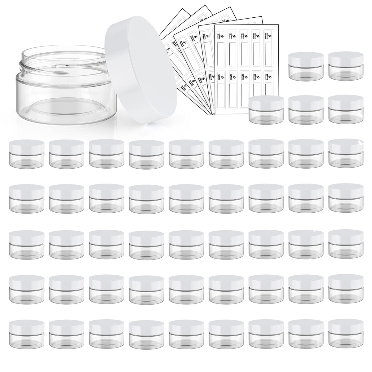 Eternal Moment 50 pack 1oz plastic jars with white lids arranged