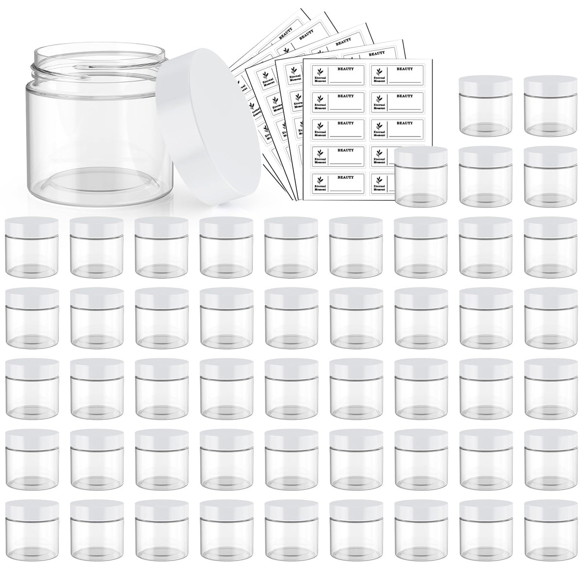 Eternal Moment 50 pack 2oz clear plastic jars with white lids