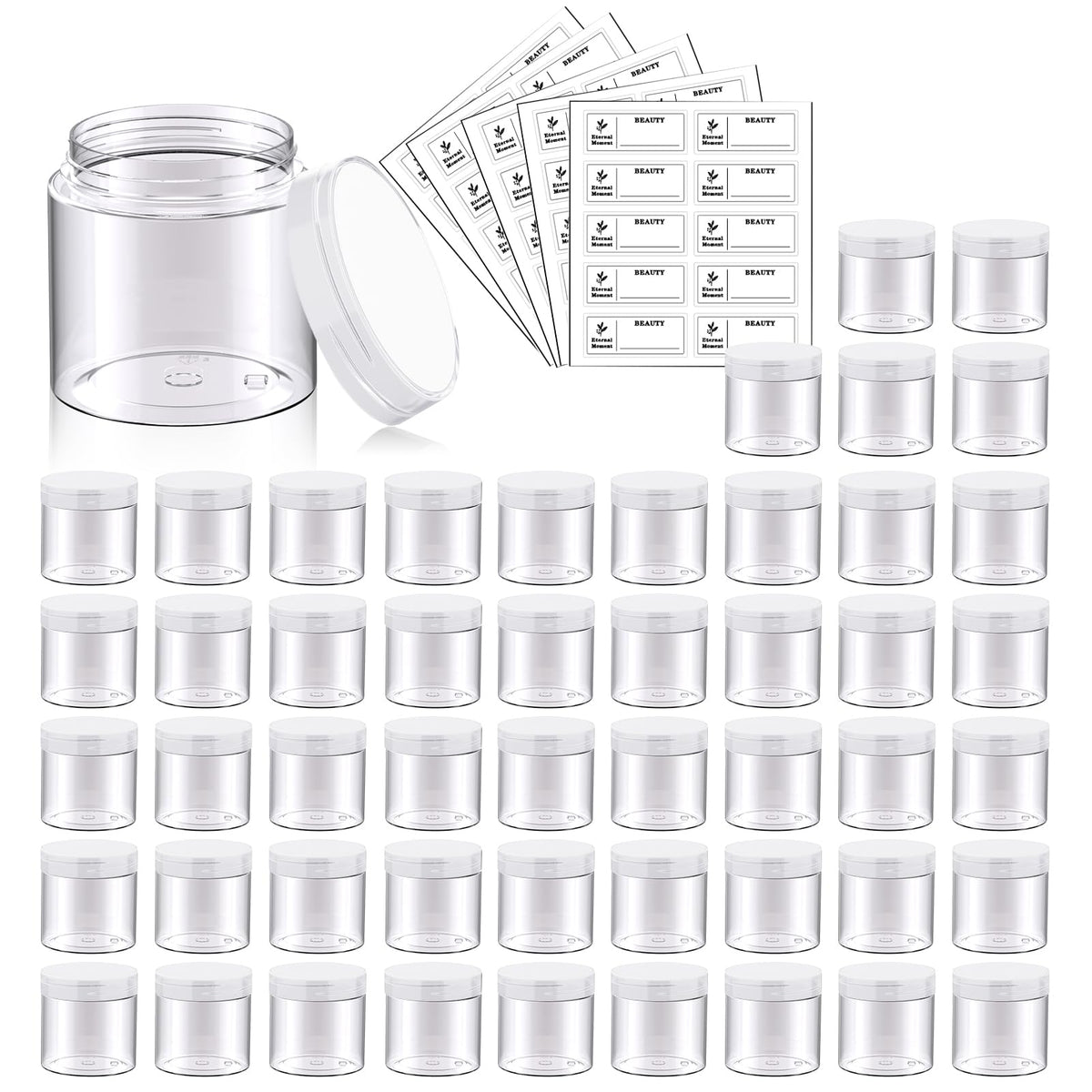 Eternal Moment 50 Pack clear plastic jars with lids arranged