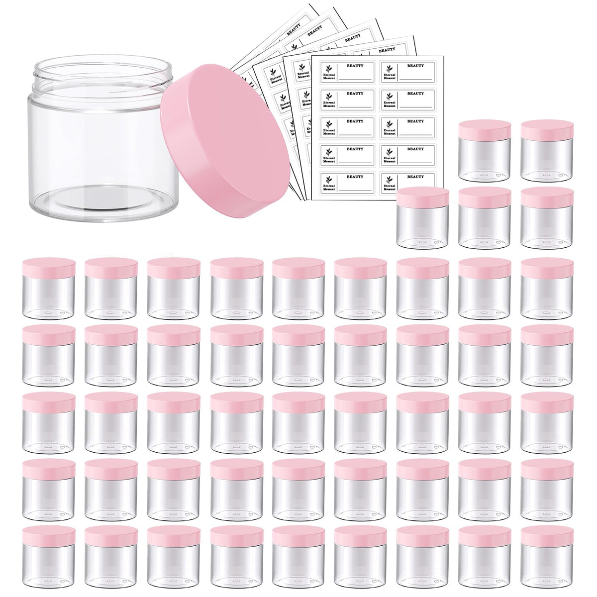 Eternal Moment 50 pack of 2 oz clear plastic jars with pink lids