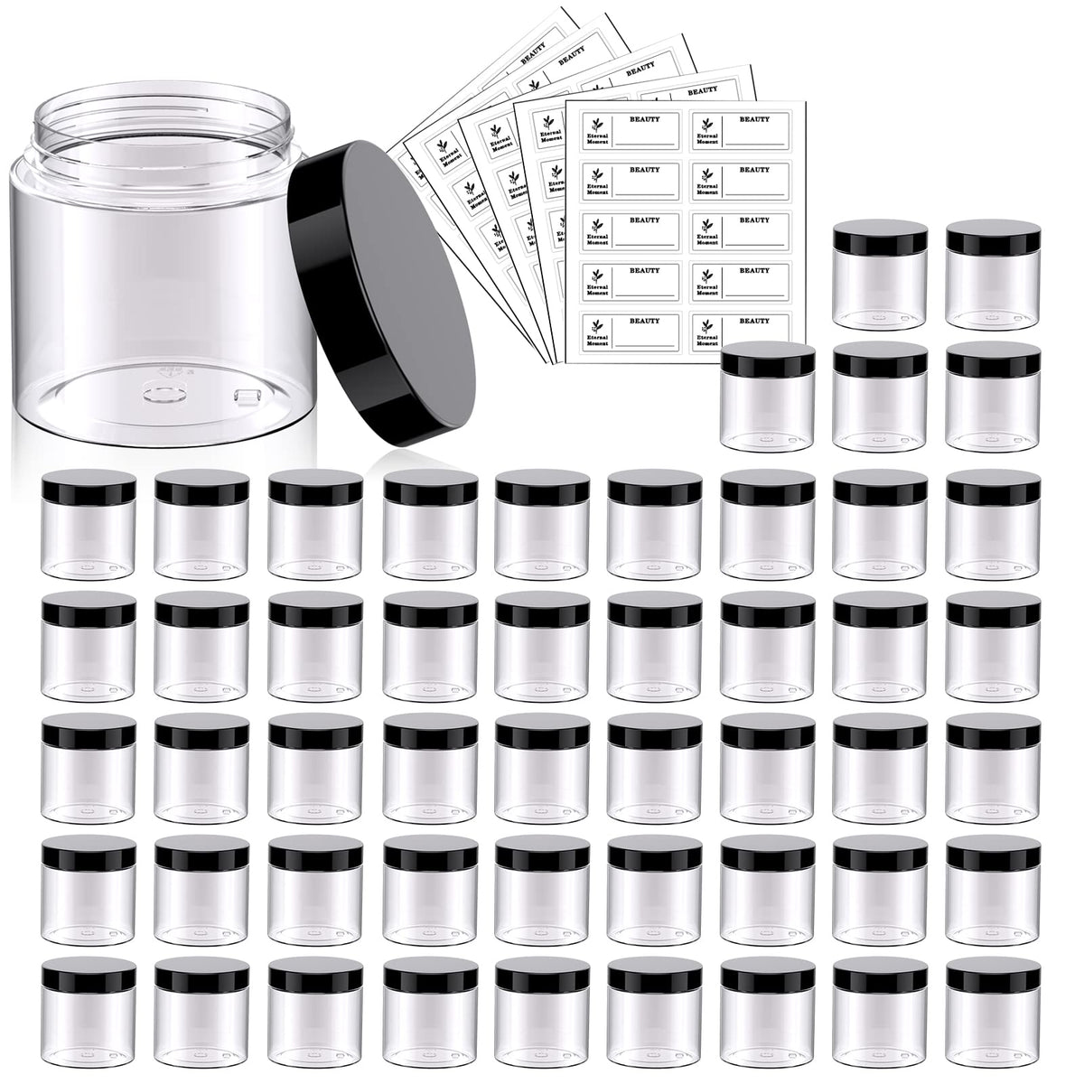Eternal Moment 50 pack of clear 2oz plastic jars with black lids