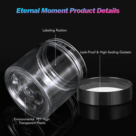 Eternal Moment clear plastic jars displayed on a shelf